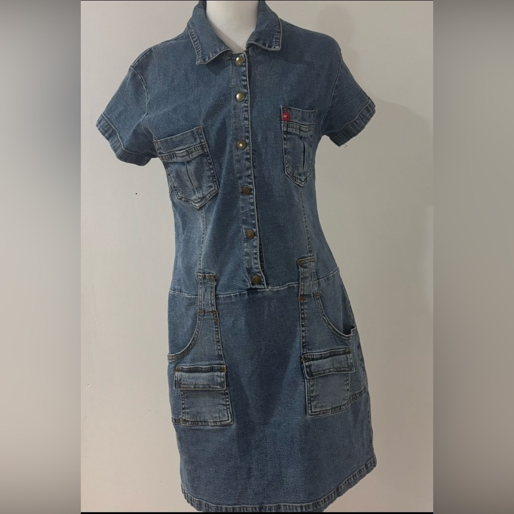 Women's Blue Denim Shirt Mini Dress with Pockets